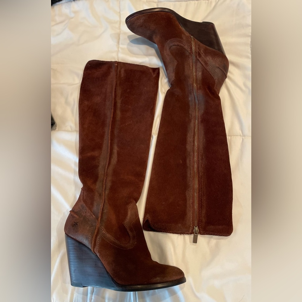 Frye Distressed Suede wedge style boots